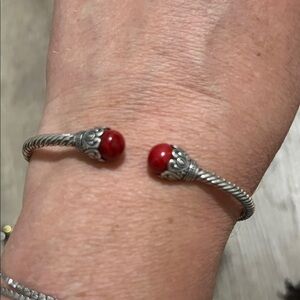 Sterling Silver Open Cuff Bracelet with Coral Bead Accents